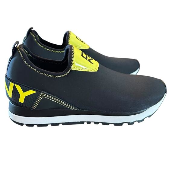 DKNY Jolie-Slip On Sneakers Neoprene Black Neon Yellow Logo NEW 7.5 - Picture 2 of 11